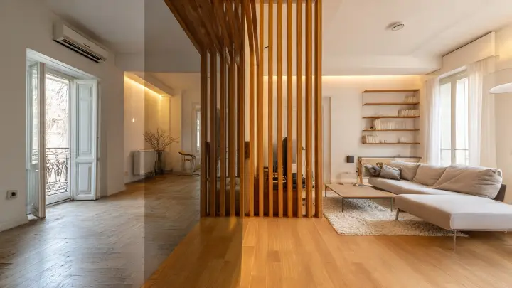Fotografia realistica di una trasformazione prima e dopo di un ampio open space in un appartamento italiano moderno. A sinistra lo spazio vuoto, a destra lo stesso ambiente organizzato con zona living e zona notte separate da eleganti listelli in legno e un divisorio di design. Arredi contemporanei, colori caldi naturali e luce diurna, stile rivista di architettura, senza persone.