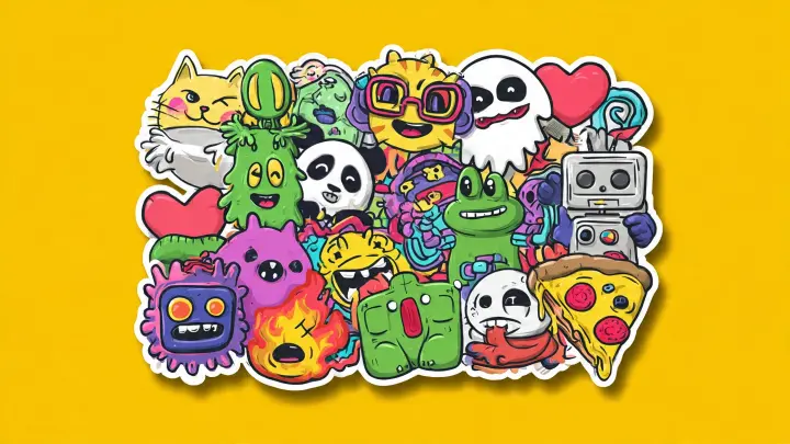 Collage Sticker Emoji Kitchen 3D Collage 16:9 di sticker 3D in stile cartoon ispirati a Emoji Kitchen. Sullo sfondo colorato ci sono: gatto alieno, fantasma con occhiali, rana innamorata, clown zombie, panda arrabbiato, cane robot e pizza esplosiva. Effetto adesivo con contorno bianco, design allegro e condivisibile.