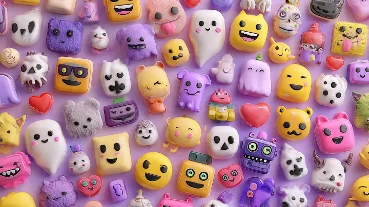 Collage colorato di sticker 3D creati con Emoji Kitchen su sfondo lilla