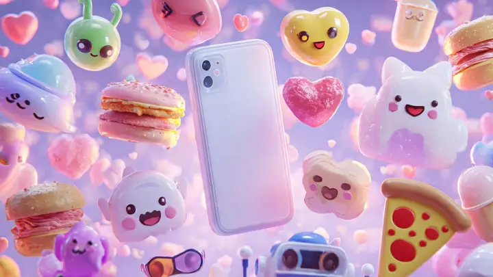 Combinazioni kawaii segrete di Emoji Kitchen - cibo, cuori e sticker 3D intorno all'iPhone iPhone bianco circondato da emoji 3D kawaii fluttuanti, cuori, hamburger, pizza e fantasmini in stile pastello