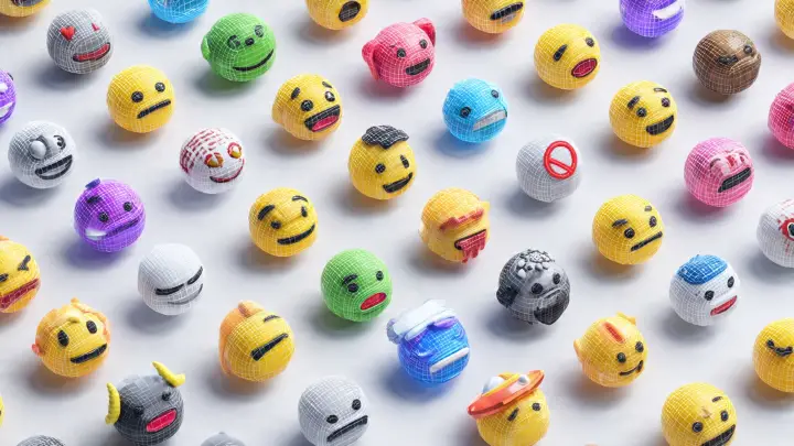 Perché Emoji Kitchen non funziona: griglia emoji in glitch e combinazioni bloccate Griglia di tante emoji 3D colorate con effetto wireframe su sfondo bianco, con espressioni facciali diverse e texture a rete