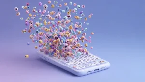 Smartphone con tastiera Gboard da cui esplodono centinaia di emoji 3D colorate, simbolo delle combinazioni segrete di Emoji Kitchen