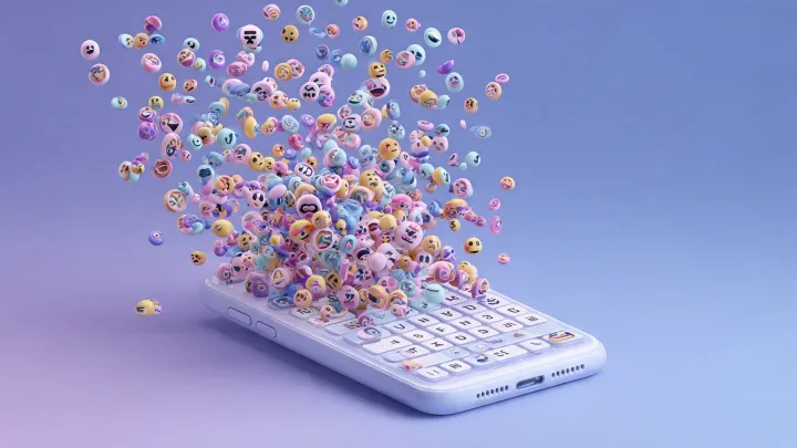 Esplosione di emoji da Gboard - le combinazioni segrete di Emoji Kitchen Smartphone con tastiera Gboard da cui esplodono centinaia di emoji 3D colorate, simbolo delle combinazioni segrete di Emoji Kitchen nascoste