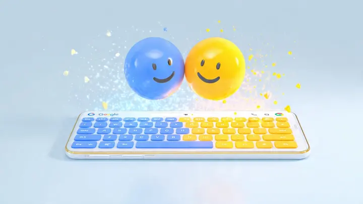 Emoji Kitchen Gboard - Come funziona la fusione delle emoji su WhatsApp Due emoji sorridenti blu e gialla che si fondono sopra la tastiera Gboard di Google per creare nuove emoji con Emoji Kitchen
