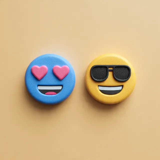 Esempio di fusione Emoji Kitchen con emoji occhi a cuore e occhiali da sole Due emoji 3D stile clay, una blu con occhi a cuore rosa e una gialla con occhiali da sole neri su sfondo beige