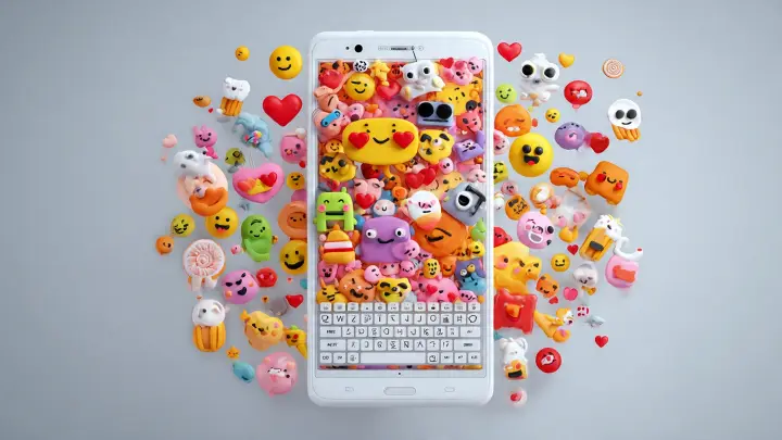 Esplosione di combinazioni nascoste di Emoji Kitchen - centinaia di sticker in un solo telefono Smartphone bianco con tastiera Gboard invaso da centinaia di emoji 3D, cuori rossi e sticker colorati che fuoriescono dallo schermo
