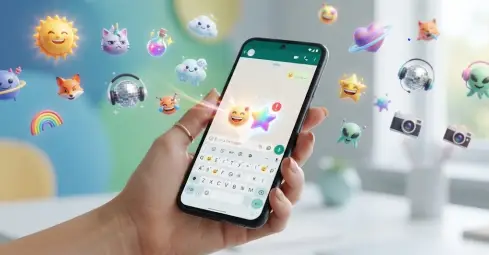 Mano che tiene smartphone con WhatsApp aperto e combinazione emoji stella sorridente, circondato da emoji 3D fluttuanti su sfondo colorato
