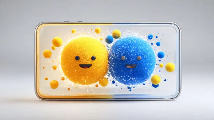 Fusione Emoji Kitchen Material Design Illustrazione 3D 16:9 di due emoji che si fondono al centro di uno schermo. Effetto trasformazione con particelle luminose. Stile Google Material Design moderno, colori vivaci su sfondo bianco con sfumature blu e gialle.