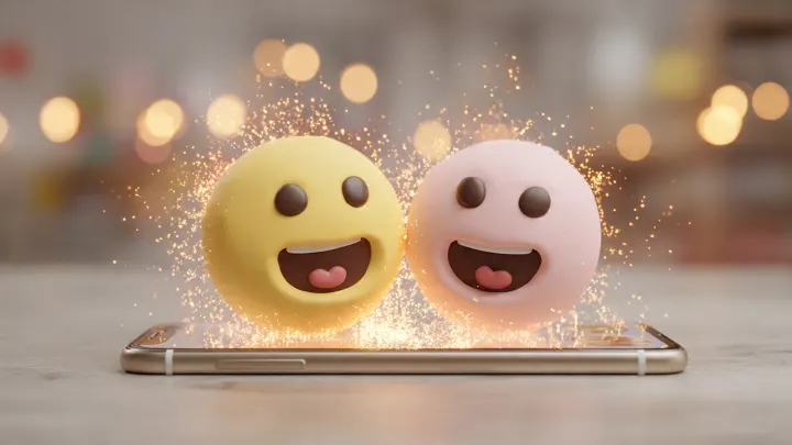 Come funziona la fusione segreta di Emoji Kitchen - due emoji diventano una Due emoji 3D sorridenti, una gialla e una rosa, che si fondono con scintille dorate sopra lo schermo di uno smartphone