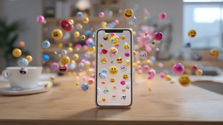 iPhone su tavolo di legno con emoji 3D fluttuanti di Emoji Kitchen con Gboard
