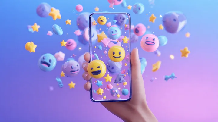 Emoji Kitchen nelle tue mani - crea sticker unici con combinazioni segrete Mano che tiene uno smartphone trasparente con emoji 3D sorridenti e stelle gialle che fluttuano intorno, concetto di Emoji Kitchen