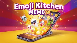 Smartphone moderno con Emoji Kitchen aperta, decine di emoji fuse 3D che escono dallo schermo: gatto alieno, fantasma con occhiali, clown zombie, cuore mostruoso e rana infuocata. Sfondo colorato in stile pop art con luce brillante e titolo in alto "Emoji Kitchen MEME 😂".