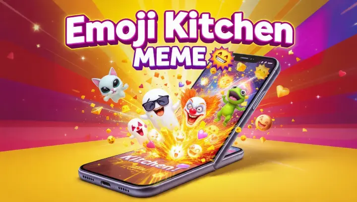 Emoji Kitchen MEME 😂 Smartphone moderno con Emoji Kitchen aperta, decine di emoji fuse 3D che escono dallo schermo: gatto alieno, fantasma con occhiali, clown zombie, cuore mostruoso e rana infuocata. Sfondo colorato in stile pop art con luce brillante e titolo in alto "Emoji Kitchen MEME 😂".