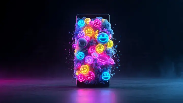 Emoji Kitchen non funziona: esplosione di emoji e come risolvere il blocco di Gboard Smartphone avvolto da una esplosione di emoji al neon luminose rosa gialle e blu su sfondo scuro con effetto particelle