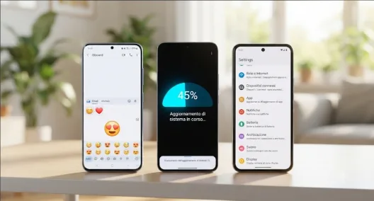 Come risolvere Emoji Kitchen che non funziona con aggiornamento e controllo impostazioni Tre smartphone su un tavolo, uno con emoji su Discord, uno con aggiornamento di sistema al 45% e uno con schermata impostazioni in italiano
