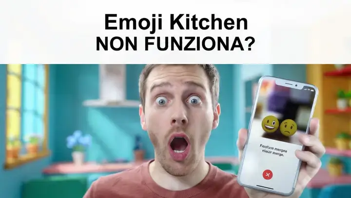 Uomo con espressione scioccata che tiene in mano uno smartphone che mostra un errore di fusione emoji, con scritta Emoji Kitchen non funziona
