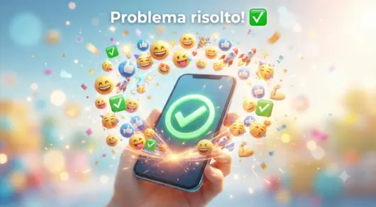 Emoji Kitchen di nuovo funzionante: problema risolto e soluzioni efficaci Mano che tiene smartphone con spunta verde di conferma e tante emoji festose che volano intorno, con scritta Problema risolto
