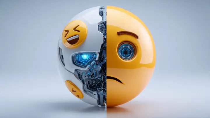 Confronto AI vs emoji classica - Emoji Kitchen vs Genmoji faccia robot divisa Grande emoji gialla divisa a metà, metà robot bianco con circuiti AI e mini emoji, metà classica con occhio bionico, simbolo del confronto tra Genmoji AI e emoji tradizionali