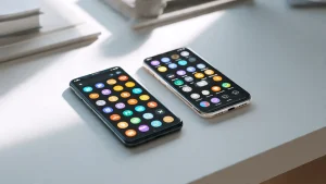 Due smartphone su scrivania minimal che mostrano griglie di emoji colorate, confronto tra Emoji Kitchen di Google e Genmoji di Apple
