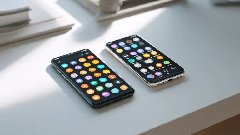 Due smartphone su scrivania minimal che mostrano griglie di emoji colorate, confronto tra Emoji Kitchen di Google e Genmoji di Apple
