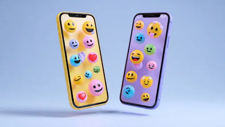 Confronto diretto Emoji Kitchen vs Genmoji su due smartphone con emoji 3D colorate Due smartphone giallo e viola sospesi con emoji 3D colorate sorridenti e cuori in volo, confronto visivo tra Emoji Kitchen e Genmoji