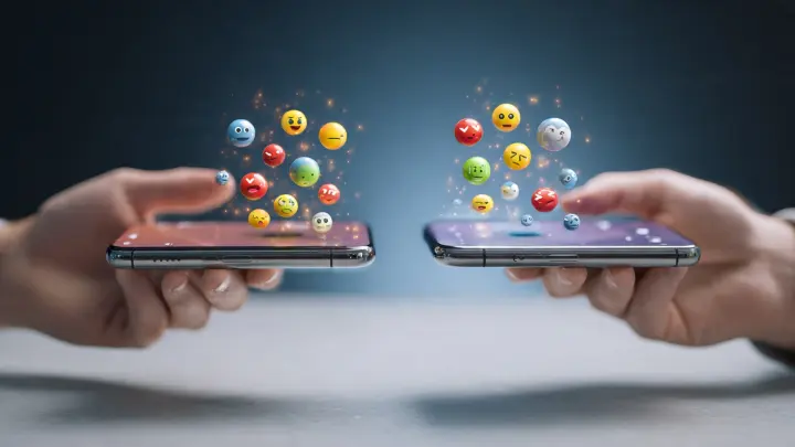 Confronto diretto Emoji Kitchen vs Genmoji - due smartphone con emoji olografiche sospese Due mani che tengono smartphone affiancati con emoji 3D olografiche colorate sospese sopra lo schermo, confronto tra Emoji Kitchen e Genmoji