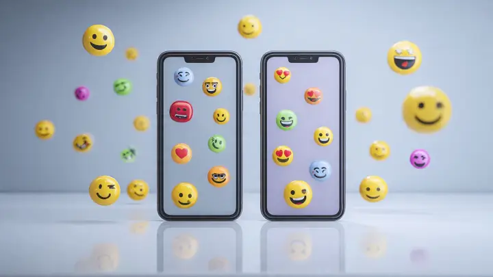 Due smartphone con emoji 3D fluttuanti - confronto Emoji Kitchen vs Genmoji Due smartphone neri affiancati con emoji 3D colorate fluttuanti intorno su sfondo grigio riflettente, confronto Emoji Kitchen e Genmoji