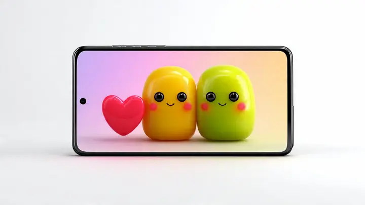 Esempio di emoji personalizzate Genmoji ed Emoji Kitchen con cuore su smartphone Smartphone che mostra due emoji 3D personalizzate kawaii gialla e verde con cuore rosso, esempio di creazione Genmoji ed Emoji Kitchen