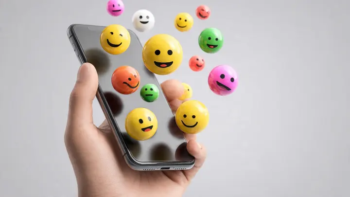 Emoji 3D che fuoriescono da smartphone - creatività Emoji Kitchen vs Genmoji Mano che tiene smartphone nero da cui fuoriescono emoji 3D colorate sorridenti in volo, concetto di creatività con Emoji Kitchen e Genmoji