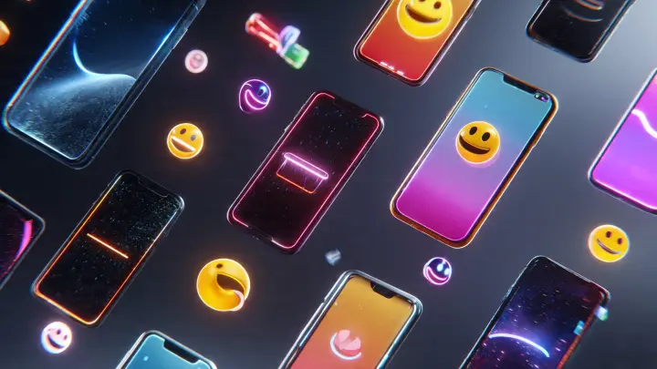 Molti smartphone con emoji neon fluttuanti - futuro Emoji Kitchen vs Genmoji Molti smartphone colorati fluttuanti su sfondo scuro con emoji neon luminose gialle e viola in stile futuristico