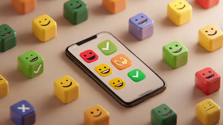 Smartphone circondato da cubi emoji 3D - costruzione emoji Emoji Kitchen vs Genmoji Smartphone al centro circondato da cubi emoji 3D colorati gialli verdi rossi e viola con faccine sorridenti su sfondo beige