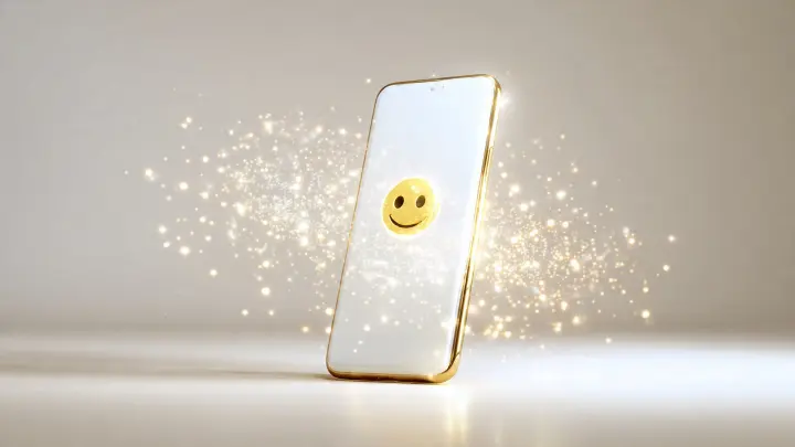 Smartphone oro con emoji sorridente e scintille dorate - magia Genmoji vs Emoji Kitchen Smartphone dorato elegante con emoji sorridente gialla al centro circondata da scintille dorate luminose su sfondo chiaro minimal
