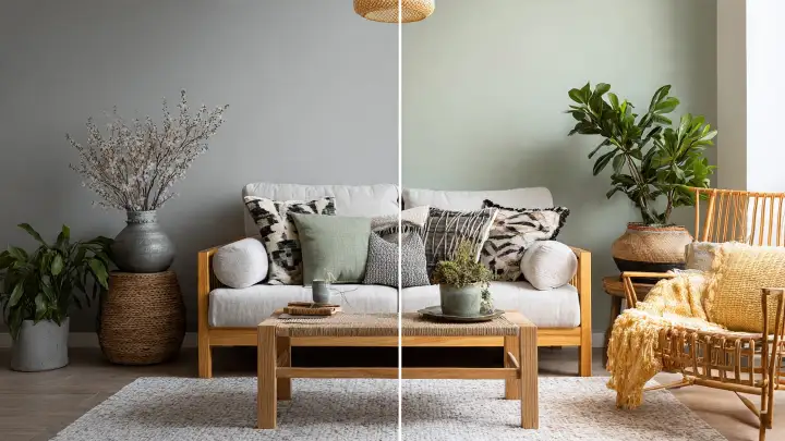 Soggiorno in stile boho naturale con divano in legno e tessuto bianco, confronto parete grigio perla e verde salvia, piante verdi e arredi in rattan