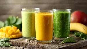 Tre bicchieri di frullati colorati su tagliere in legno, con al centro un frullato giallo curcuma, accanto a smoothie verdi, mango a cubetti, banana e foglie di spinaci freschi