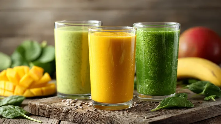 Tre bicchieri di frullati colorati su tagliere in legno, con al centro un frullato giallo curcuma, accanto a smoothie verdi, mango a cubetti, banana e foglie di spinaci freschi