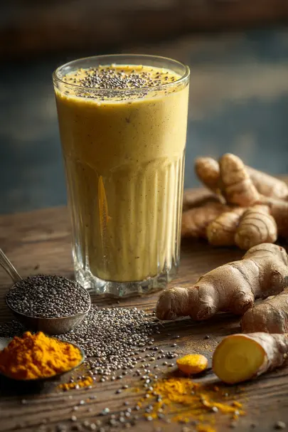 Bicchiere di frullato cremoso giallo alla curcuma e banana con semi di chia, accanto a radice di zenzero fresco e curcuma in polvere su tavolo in legno rustico