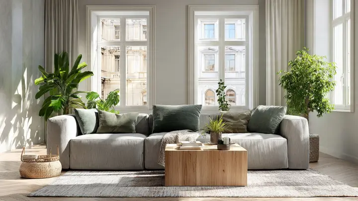 Soggiorno moderno e luminoso con grande divano grigio perla, cuscini verde salvia, tavolino in legno chiaro e piante verdi davanti a finestre a tutta altezza