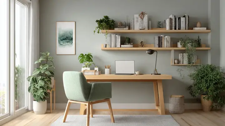 Home office luminoso con pareti grigio perla, scrivania in legno chiaro, sedia verde salvia, mensole sospese con libri e piante verdi