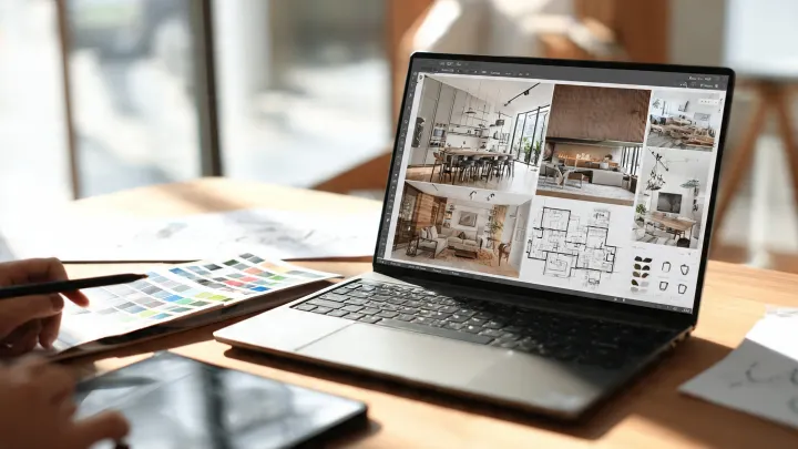 Un designer moderno lavora su un grande laptop con Homestyler in un ufficio in stile scandinavo. Sullo schermo si vede una vista divisa con pianta 2D e rendering 3D realistico di un soggiorno contemporaneo. Scrivania in legno, schizzi architettonici, tavolozza colori, tablet e luce naturale da una grande finestra.