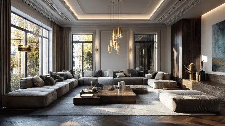Rendering 3D fotorealistico di un soggiorno moderno di lusso con divano elegante, tavolino, grandi finestre e luce naturale