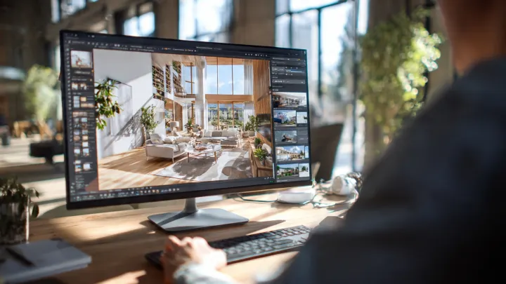 Tutorial Homestyler: persona che progetta una casa in 3D su monitor con software di interior design