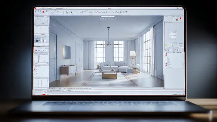 Visualizzazione dettagliata del workflow di progettazione 3D con software Homestyler, interfaccia di home design che mostra pianta e arredamento di un soggiorno