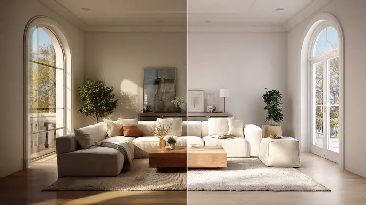 Confronto split scene di un soggiorno moderno di lusso. A sinistra render ultra fotorealistico stile Homestyler con luce naturale cinematografica e texture dettagliate. A destra render 3D pulito stile Planner 5D con arredi moderni e toni neutri. Composizione simmetrica bilanciata, stile fotografia editoriale architettura, profondità di campo morbida. Formato 16:9.