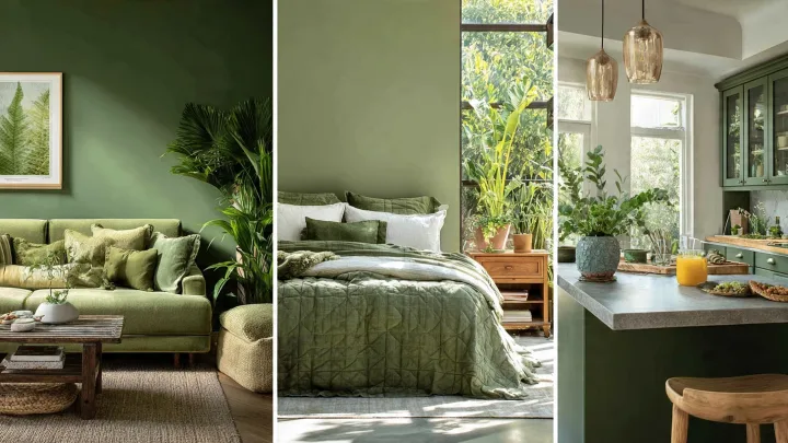 Trittico di interni verde muschio: soggiorno con divano verde, camera da letto con parete verde e cucina con isola verde muschio