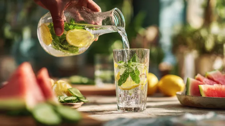 Mano che versa acqua con fette di limone e foglie di menta da una caraffa di vetro in un bicchiere alto, sul tavolo di legno fette di anguria, cetrioli affettati e limoni interi