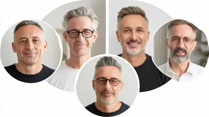 Tagli capelli sale e pepe per forma del viso Infografica minimal 16:9 per uomo che mostra cinque forme del viso maschile: ovale, quadrato, rotondo, rettangolare e triangolare. Ogni sezione abbina la forma del viso al miglior taglio di capelli sale e pepe per uomini over 50, con foto realistiche, icone pulite e testo leggibile su sfondo chiaro in stile editoriale di magazine.