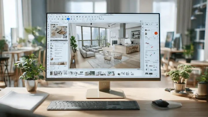 Monitor di un computer su una scrivania moderna che mostra un software di interior design in stile Homestyler. A sinistra pianta 2D e libreria mobili, a destra anteprima 3D fotorealistica di un appartamento. Una mano sposta i mobili con il mouse. Tastiera, quaderno, piante e luce naturale morbida in un home office, estetica editoriale pulita, formato 16:9.