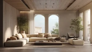 Soggiorno moderno di lusso fotorealistico diviso tra interno reale e visualizzazione architettonica 3D, arredi eleganti, luce naturale, toni caldi