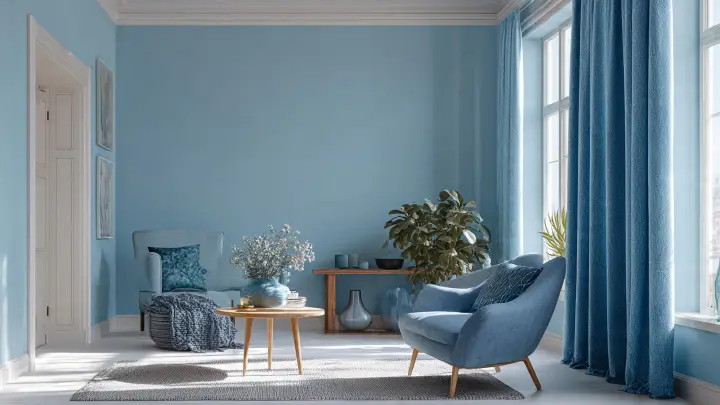 Soggiorno total look azzurro cielo, l'alternativa più intensa al celeste Soggiorno con pareti azzurre, tende lunghe azzurre, due poltrone azzurre in tessuto, tavolino in legno e decorazioni in ceramica blu