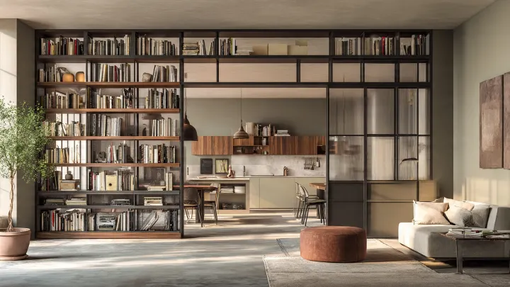 Libreria bifacciale usata come divisorio tra soggiorno e cucina in un interno moderno italiano. Ripiani pieni di libri e oggetti decorativi su entrambi i lati, ambiente luminoso con arredi in legno e colori neutri.